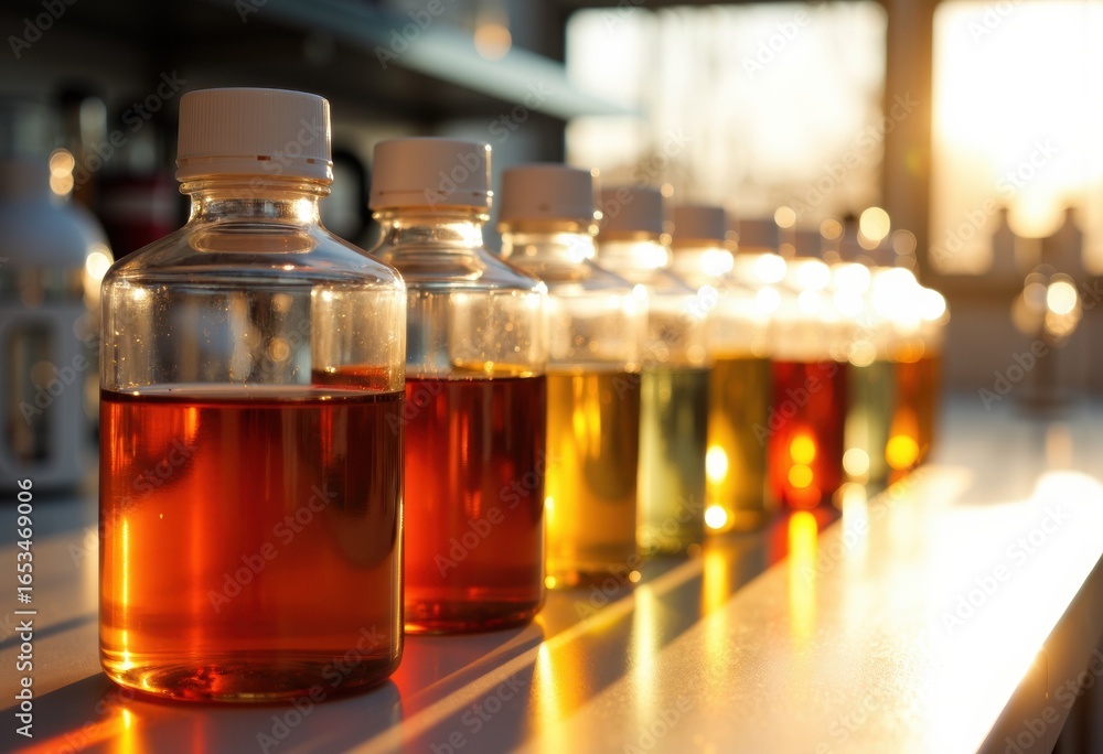 Poster vials filled with colorful liquids arranged in a row on a laboratory bench with sunlight streaming t