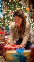 Fototapeta premium Joyful moment of holiday gift wrapping with twinkling Christmas tree lights creating a warm, festive background of sparkling magic and anticipation