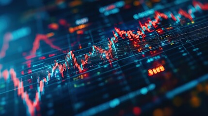 Financial chart with rising and falling lines on a dark blue background.