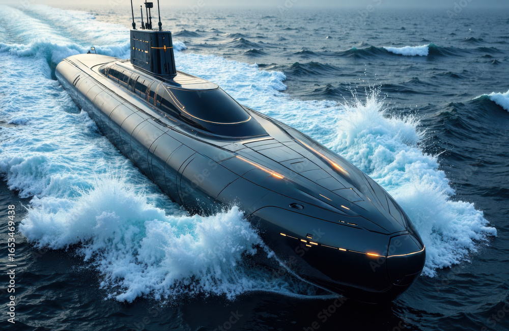 Poster luxury submarine speeding through open ocean with waves splashing around it