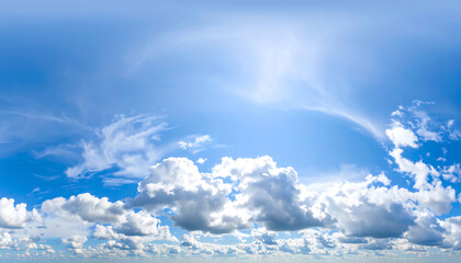 Bright Blue Sky Panoramic:  Fluffy Cumulus Clouds, Sunlit, Serene Summer Day Atmosphere, High-Resolution Image.
