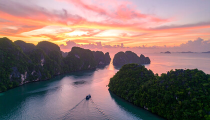 Serene Sunset Cruise Through Tropical Archipelago:  Aerial View of Lush Islands and Pink Sky at Golden Hour.