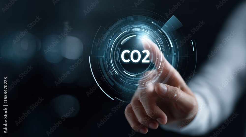 Poster hand turning dial from co2 to clean air a hand interacts with a digital interface displaying co2, sy