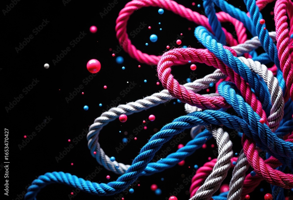 Poster colorful intertwined ropes with floating spheres creating dynamic movement against a black backgroun
