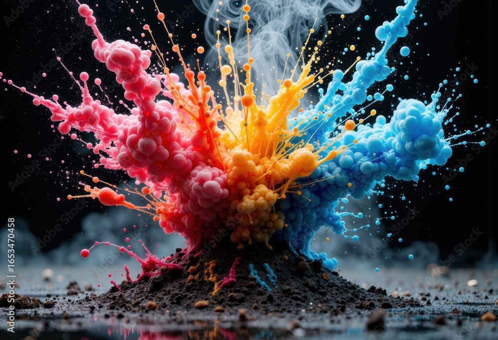 Aufkleber vivid colored paint splashes exploding in midair against a dark background creating dynamic abstract