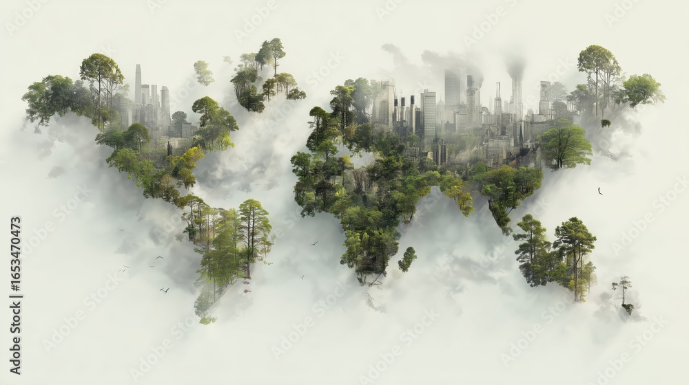 Poster world map with trees overlay a world map blended with nature and urban elements, symbolizing the rel