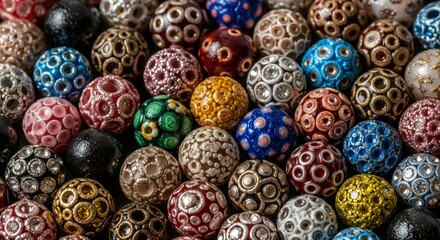 Colorful murano glass beads up close. Venetian glasswork for jewelry making. Craft and hobby background.