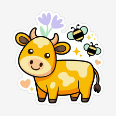 Delightful cartoon cow surrounded by buzzing bees and blooming flowers, isolated on white background, creating a cheerful and whimsical illustration