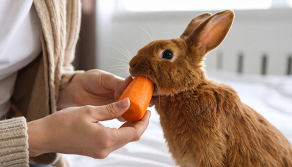 Brown rabbit is being fed fresh carrot by person in cozy indoor setting, showing gentle moment of care and affection between human and animal