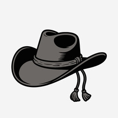 Illustration of a classic black cowboy hat with a brown band and tassels isolated on white background, evoking a sense of western style and traditional fashion