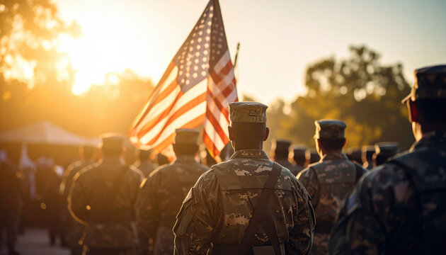 Group of soldiers standing in formation during sunset, with one holding American flag, creating patriotic and solemn atmosphere, highlighting military service and national pride