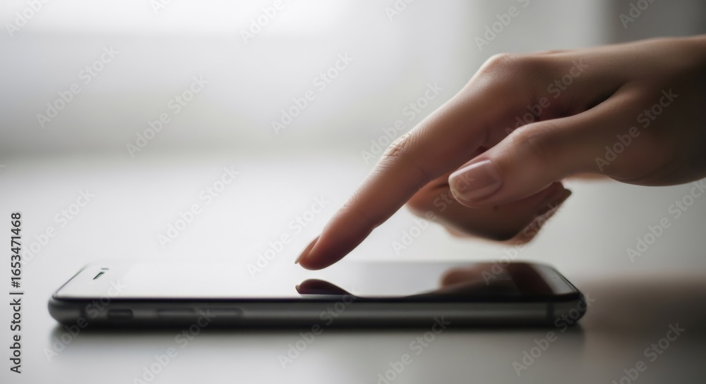 Poster woman tapping on a portable smartphone. modern communication and digital device usage. mobile techno