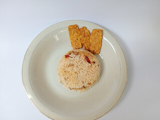 Nasi liwet with Tempeh isolated white background. 