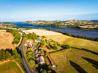 Farms and Fields over River Teign and Teignmouth Road from drone, Newton Abbot, Devon, England	