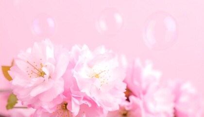 Delicate pink cherry blossoms and soap bubbles on a pastel pink background