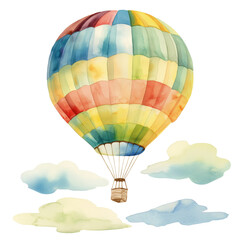 Naklejka premium Watercolor clipart of a hot air balloon drifting through a clear summer sky, isolated on a plain background, capturing a playful, light, and airy travel-themed scene.