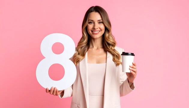 Woman holding a large number 8, smiling, and holding a coffee cup, against a pink background