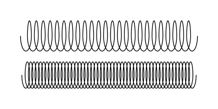 Black coil, shock absorber or extension spring shapes isolated on white background. Metal wire spirals. Parts of car suspension. Industrial equipment element. Vector graphic illustration. 