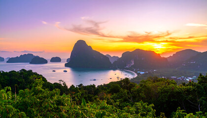 Serene Tropical Sunset: Panoramic View of Island Bay, Lush Greenery, and Golden Hour Sky.