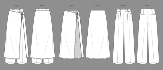 Vector woman tailor jogger and maxi skirt technical drawing, classic style pants with waistband and welt pockets detail fashion CAD, template, sketch, flat. Woman trousers, front,back view,white color