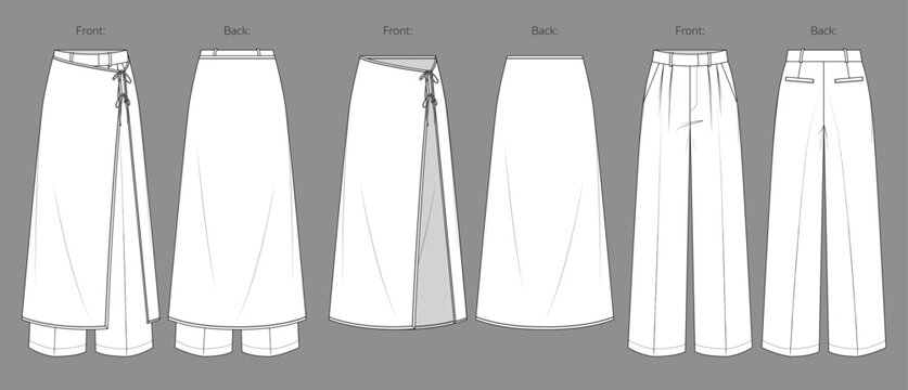Vector woman tailor jogger and maxi skirt technical drawing, classic style pants with waistband and welt pockets detail fashion CAD, template, sketch, flat. Woman trousers, front,back view,white color