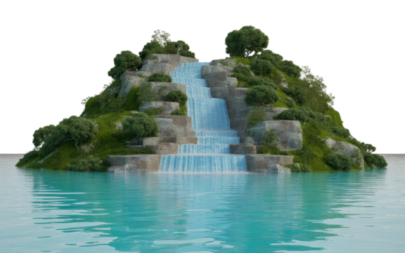 Serene cascading waterfall over rocky terraces surrounded by lush greenery and tranquil water