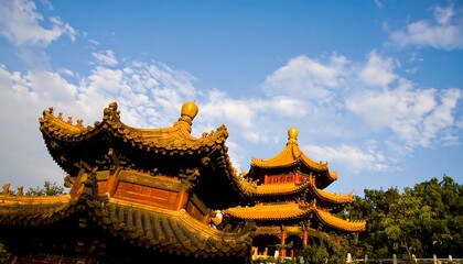 Ancient Chinese temple, golden roofs against a vibrant sky