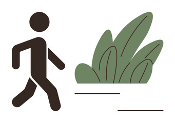 Simplified human figure walking near green plants, representing movement, growth, adventure, sustainability, environmental awareness, healthy lifestyle, urban exploration. Ideal for clean simple