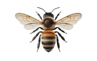 Detailed macro view of a fuzzy honey bee showing intricate wings and segmented body ready for pollination