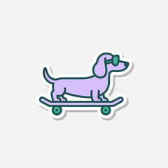 A cool dachshund dog with sunglasses on a skateboard sticker isolated on white background, a fun and stylish pet character riding a skate with a trendy urban vibe