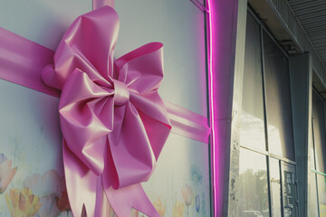 Large glossy pink bow tied to contemporary building with glass windows, neon accent, and colorful...