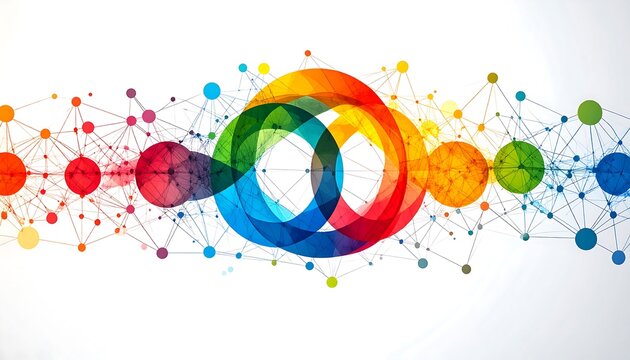 Abstract network design with interconnected colorful shapes