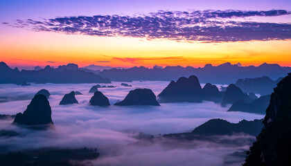 Serene Sunrise over Karst Mountains: Misty Valley, Purple Hues, Dramatic Silhouette, Peaceful Landscape Photography.
