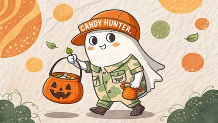 Fototapeta premium Cute cartoon ghost candy hunter dressed for halloween trick or treating isolated on white background