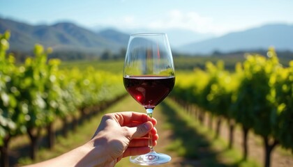 Hand holds glass of deep red Carmenere wine at Chilean vineyard during summer. Rows of green grapevines stretch towards distant hills under bright sunny sky. Perfect for wine tourism, vineyard tours,
