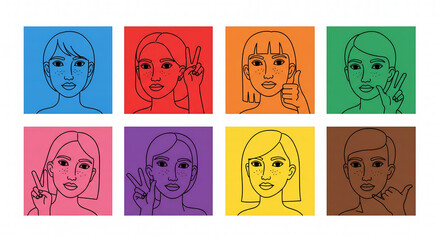 Collection of diverse young women portraits in colorful squares, each expressing individuality with unique hand gestures.