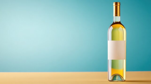 White wine bottle with blank label standing on yellow surface with turquoise background, copy space