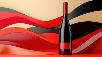 Wine bottle with blank red label on vibrant background composed of flowing waves of red, black and beige