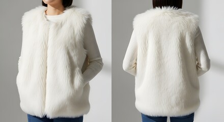 Cream-colored faux fur vest, front and back views, shown on a model.