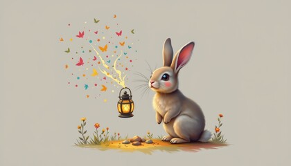 a rabbit with lantern spreading magic dust painted as a playful art using pastel tones, centered on a white background leaving ample space around.