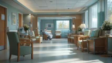 Sunlit Hospital Corridor: A Quiet Moment of Waiting and Reflection