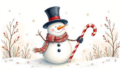 whimsical illustration depicting a snowman holding a candy cane with subdued neutrals palette on a clean white background, subject not filling the frame.