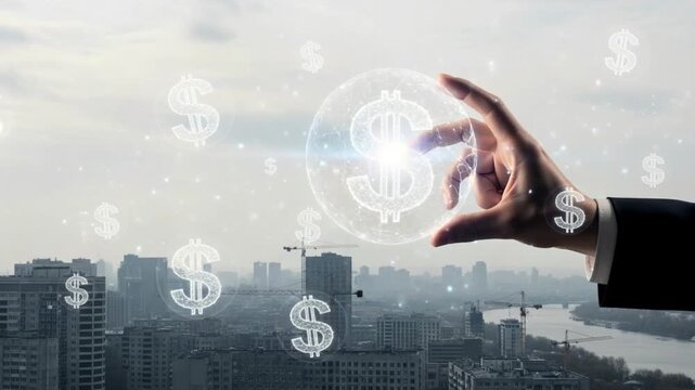 Hand pinching dollar sign in bubble over city skyline with floating dollar signs scattered around it