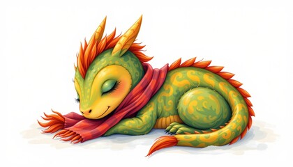 a storybook art of a sleeping dragon wearing a cozy scarf in bright holiday colors, isolated on a white background with plenty of negative space.