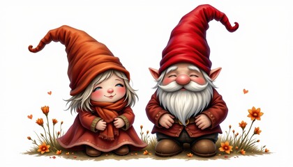 a storybook art of a gnome couple with twinkling eyes in warm browns and reds, isolated on a white background with plenty of negative space.