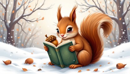 a squirrel with acorn reading a spell book painted as a playful art using soft winter palette, centered on a white background leaving ample space around.