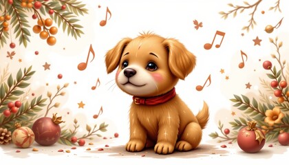 a cute digital painting of a gingerbread puppy whistling a tune in muted earth colors, isolated on a white background with plenty of negative space.