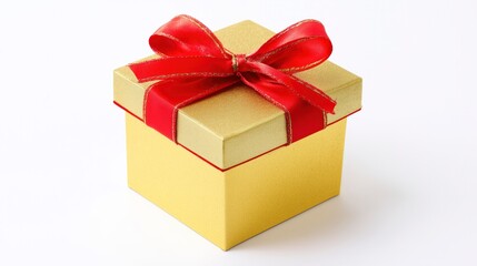 Obraz premium Golden gift box with red ribbon bow, elegant and festive, symbolizing luxury and celebration