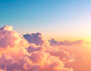 Aerial View of Sunset Cloudscape: Soft Pink and Orange Hues, Serene and Peaceful Atmosphere, Above the Clouds at Golden Hour.