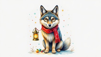 a wolf with lantern wearing bells painted as a soft watercolor using bright holiday colors, centered on a white background leaving ample space around.